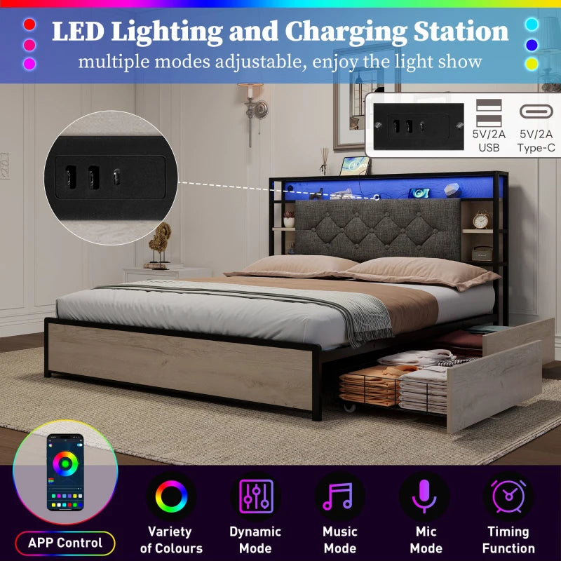 Double Bed Frame with Storage Drawers & RGB LED Lights, USB Ports, Grey & Rustic Brown, 207x138x101 cm