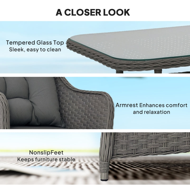 4-Piece Light Grey Rattan Patio Furniture Set with Glass-Top Table