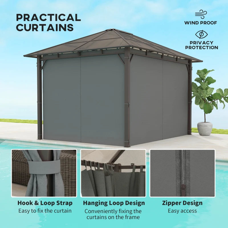 3 x 3.6m Hardtop Gazebo Canopy - Dark Grey Polycarbonate Roof Garden Pavilion with Removable Curtains and Steel Frame