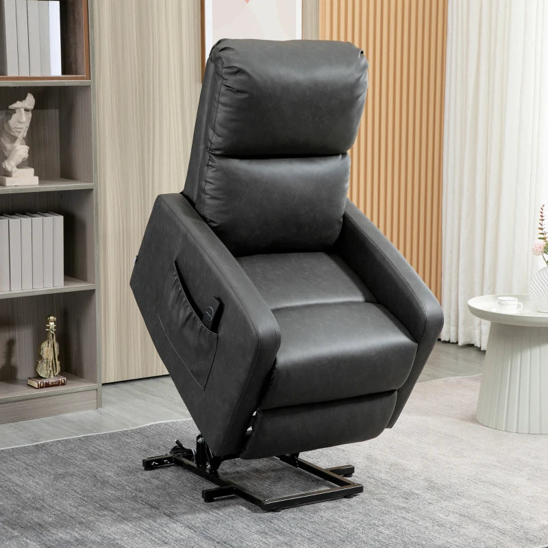 Recliner Chair for Elderly with Remote Control, PU Leather Upholstery, Side Pockets, Charcoal Grey