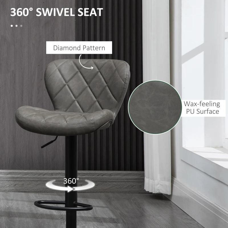 Set of 2 Dark Grey Swivel Bar Stools with Backrest & Footrest - Steel Frame, Diamond Pattern PU for Kitchen & Dining