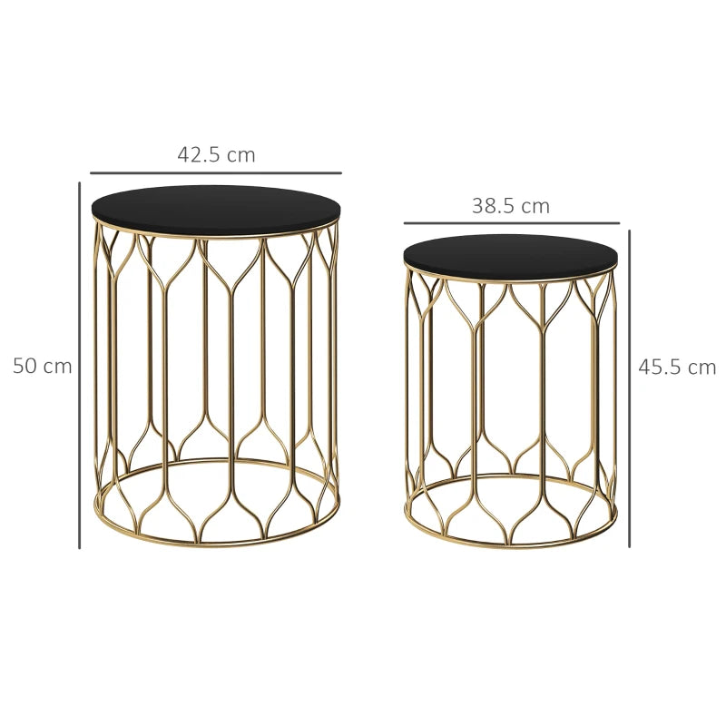 Set of 2 Black Ceramic Tile Top Nesting Tables - Multifunctional Indoor Outdoor Small Garden Side Tables with Metal Frame for Patio, Balcony, Porch