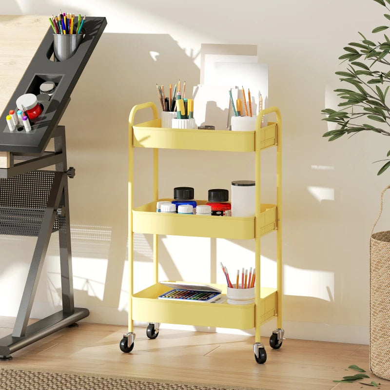 Three-Tier Yellow Steel Storage Trolley - Durable, Versatile Organizer for Home, Office, Kitchen & Garage