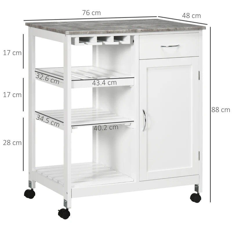 Compact Kitchen Trolley Utility Cart on Wheels with Wine Rack, Drawer & Storage Cabinet - White Dining Room Organizer