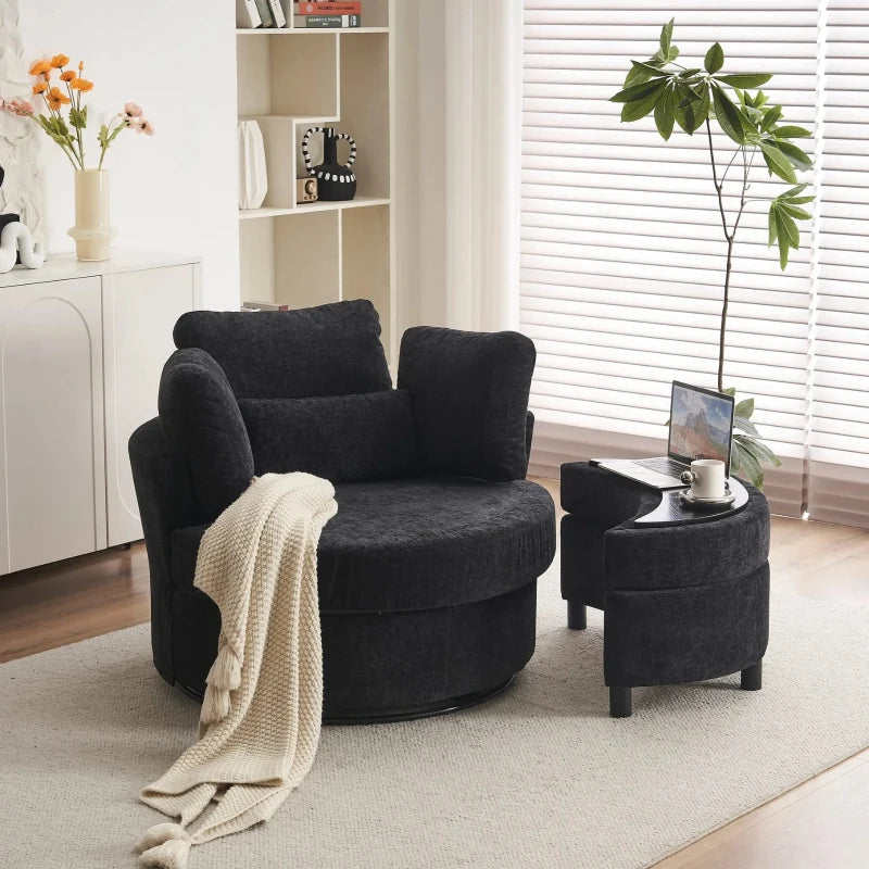 360° Swivel Bedroom Chair with Cushions and Ottoman Stool, Stylish Armchair for Living Room, Black, 107L x 105W x 82H cm