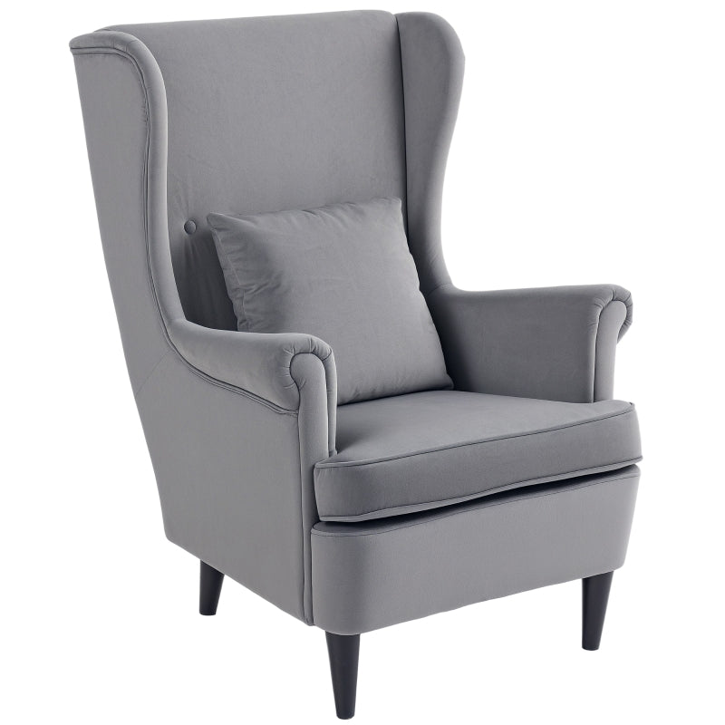 Stylish Upholstered Wingback Armchair with High Backrest and Pillow for Living Room or Bedroom in Dark Grey