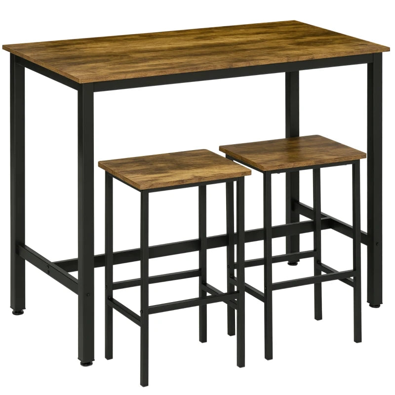 Rustic Brown 3-Piece Bar Table Set - 120x60cm Breakfast Table with 2 Stools for Kitchen & Living Room