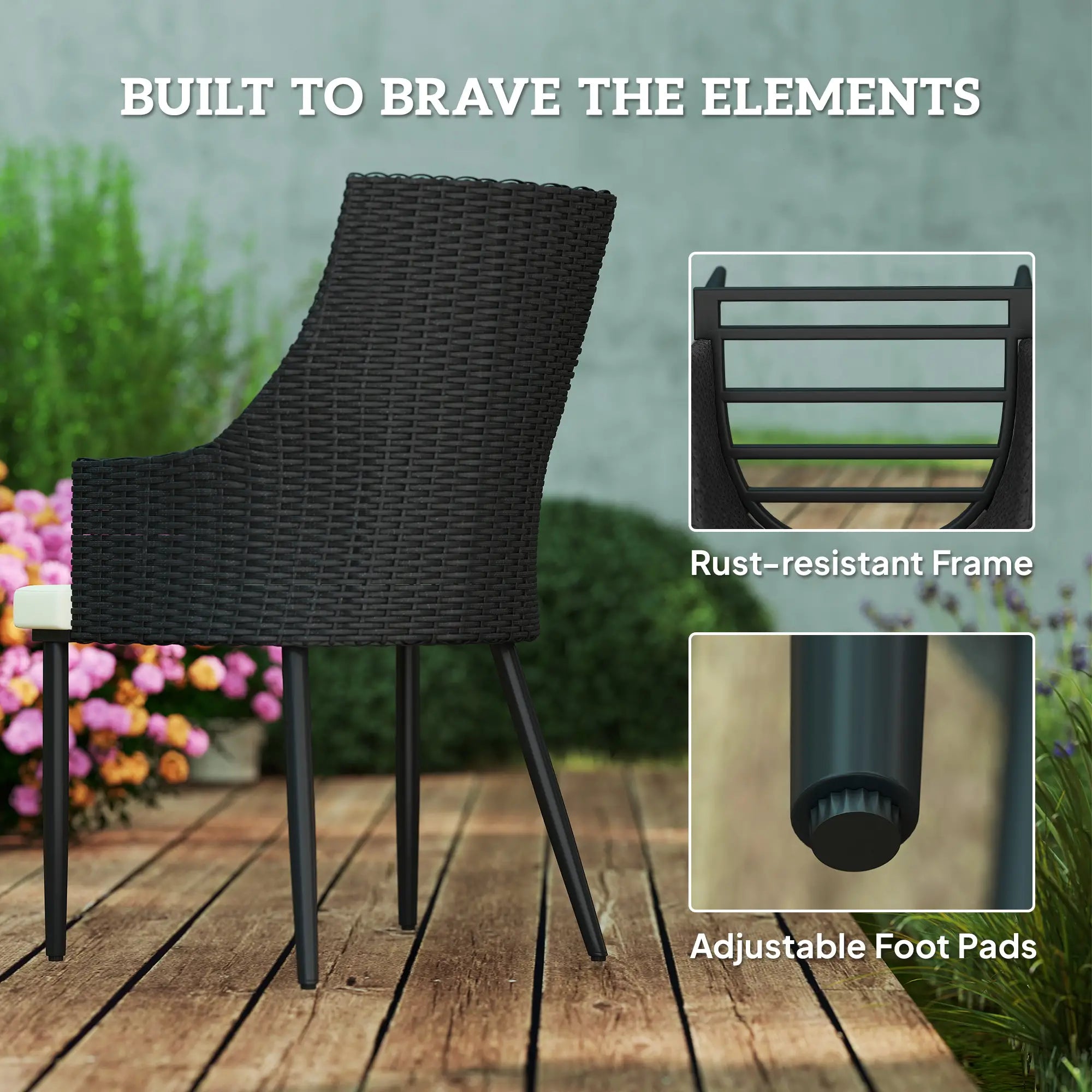 6 Seater Black & Cream White Rattan Dining Set with Cushions, Armchairs, Rectangle Slatted Table Top, Steel Frame, Parasol Hole, Wicker Outdoor Furniture for Patio