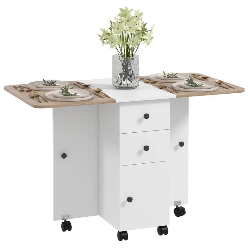 Multi-Storage Drop Leaf Dining Table for 6 - Stylish Oak & White Finish, Space-Saving Design for Modern Homes