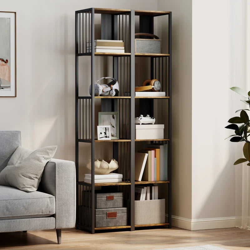 Rustic Brown 5-Tier Bookshelf with Steel Frame - Industrial Style Storage Shelf for Home or Office