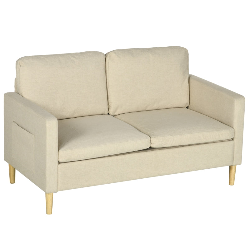 Modern Two-Seater Sofa for Living Room, Stylish Fabric Couch with Wooden Legs and Storage Pockets, Beige