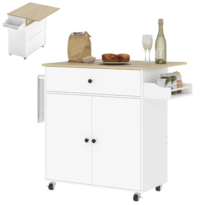 Rolling Kitchen Island with Drop Leaf - White Kitchen Storage Cart with Drawer, Spice Rack & Towel Rack