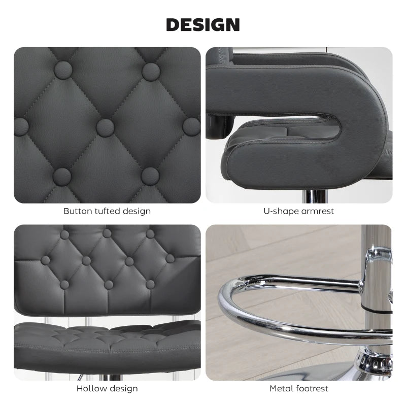 Adjustable Grey PU Leather Swivel Bar Stool with Back, Armrest & Footrest - Modern Height-Adjustable Design for Home & Bar