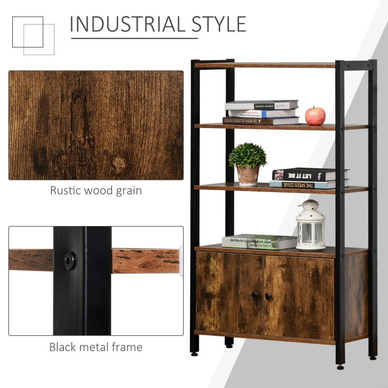 Rustic Brown 3-Tier Industrial Bookshelf & Storage Cabinet with Doors for Home Office & Living Room