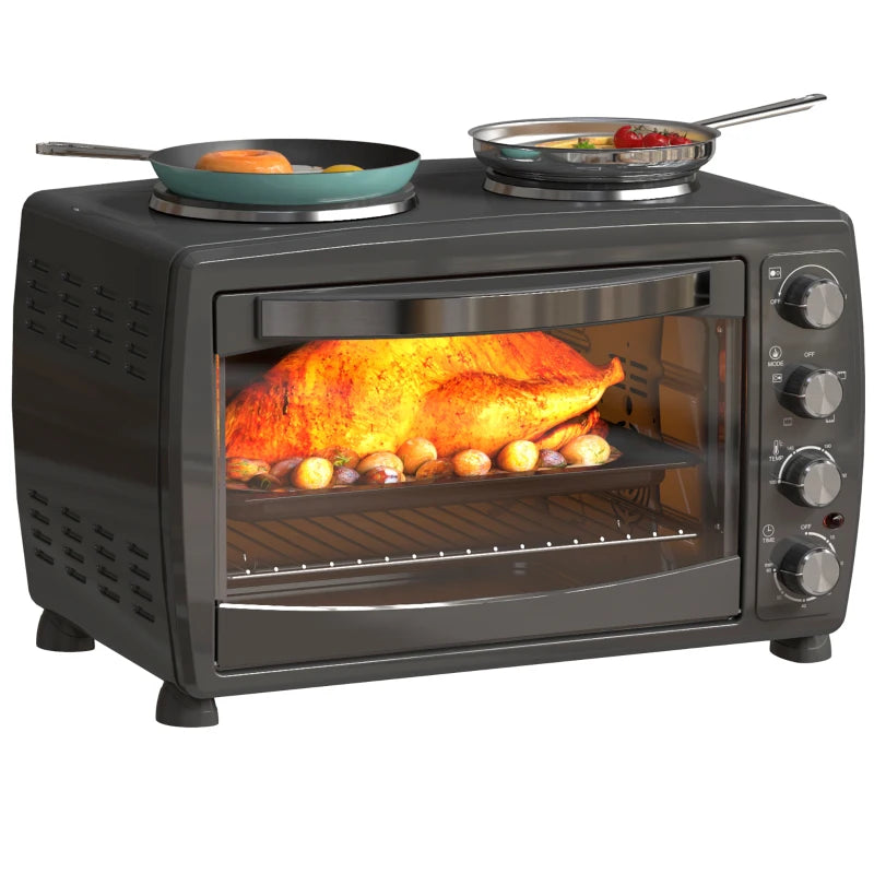 36L Electric Countertop Toaster Oven with 2 Hot Plates, Timer, Adjustable Temp, Baking Tray & Grill Rack - 2600W Black