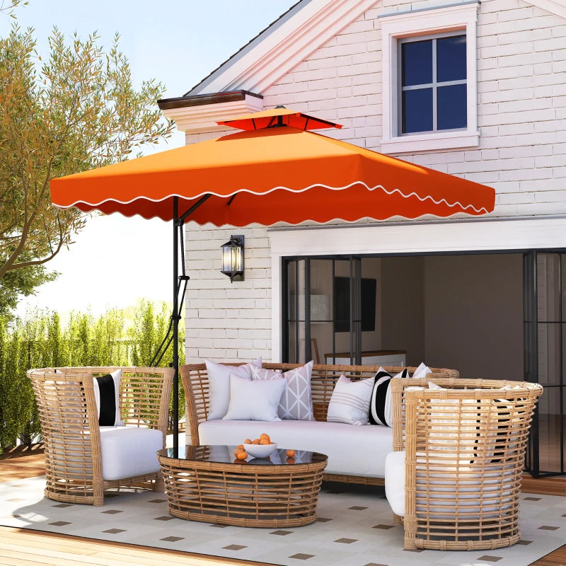2.5m Cantilever Parasol Umbrella with Easy Lever, Square Double Top, Ruffled Outdoor Sun Shade - Orange