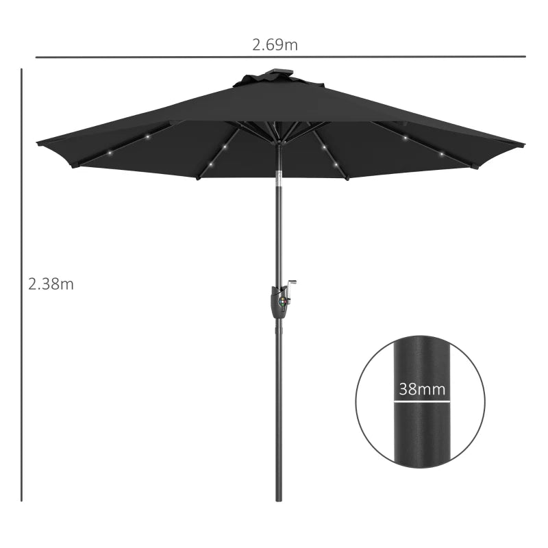 Black Solar LED Garden Parasol with Tilt Function - 2.7m
