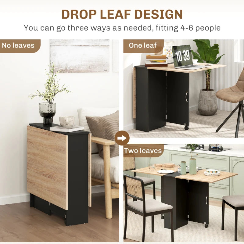 Folding Drop Leaf Dining Table with 2-Tier Shelves & Rolling Casters - Space-Saving Oak & Black Design for Kitchen