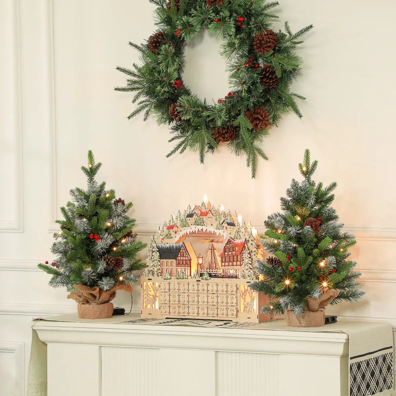 Set of 2 Mini 2ft Christmas Trees with Lights, Berries & Pinecones - Perfect Holiday Decor for Home & Office