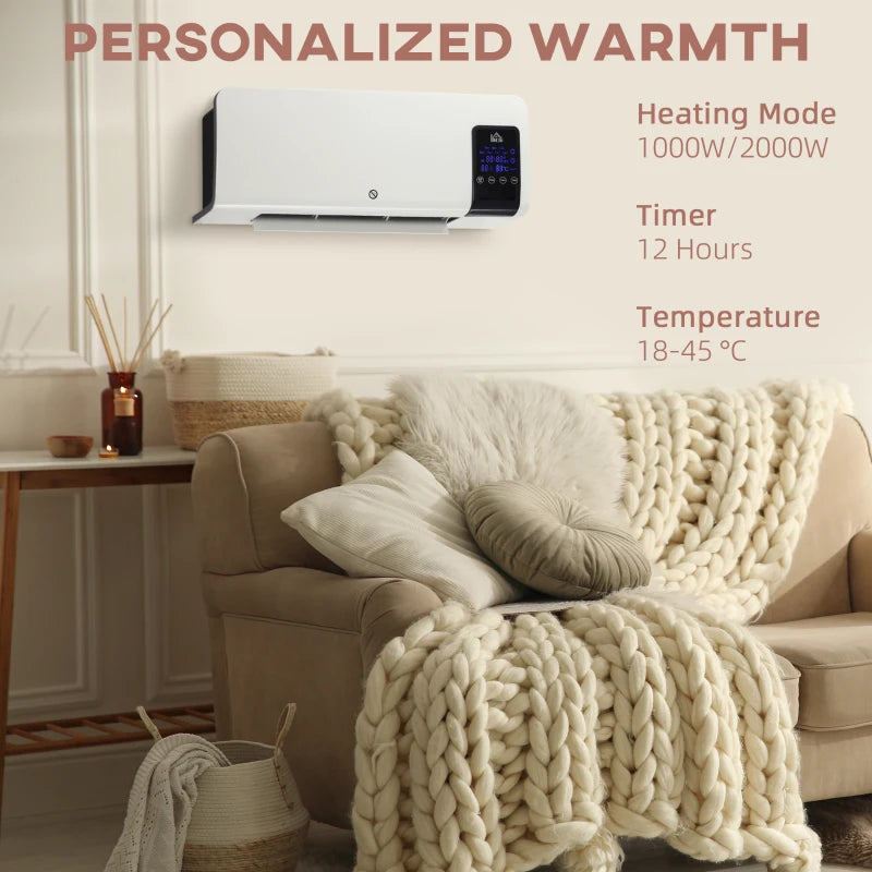 2000W Wall Mounted Electric Heater Adjustable 18 to 45 Degrees Celsius White