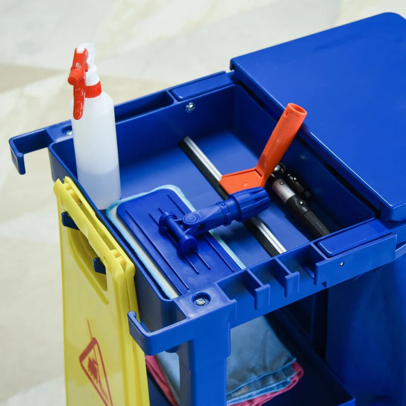 Blue Janitor Cleaning Trolley with Bin, Shelves & Hooks - Heavy-Duty Utility Cart for Efficient Cleaning Solutions