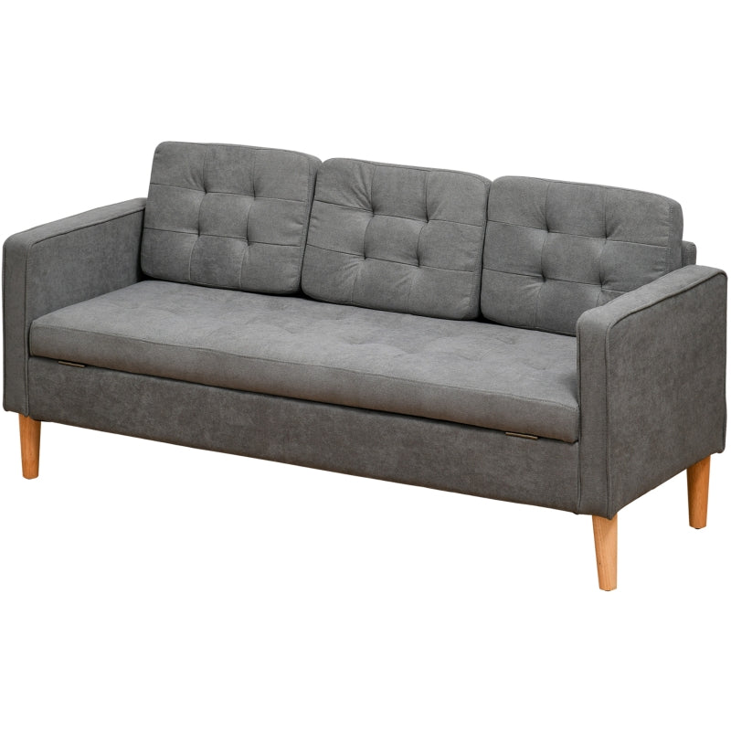 Modern 3-Seater Sofa with Hidden Storage, 169cm Tufted Cotton Couch, Compact Grey Living Room Furniture
