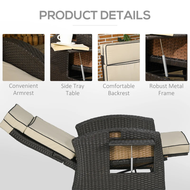 Khaki Outdoor Recliner Chair with Adjustable Backrest, Footrest, Cushion & Side Tray