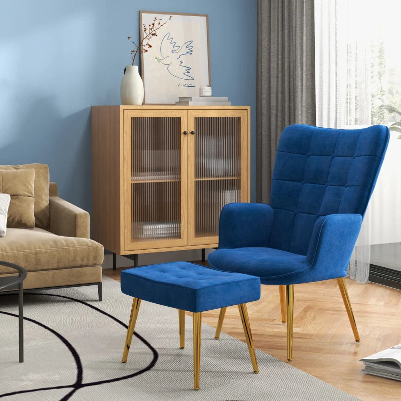 Stylish Velvet Wingback Armchair with Footstool for Living Room, Bedroom or Home Office in Dark Blue