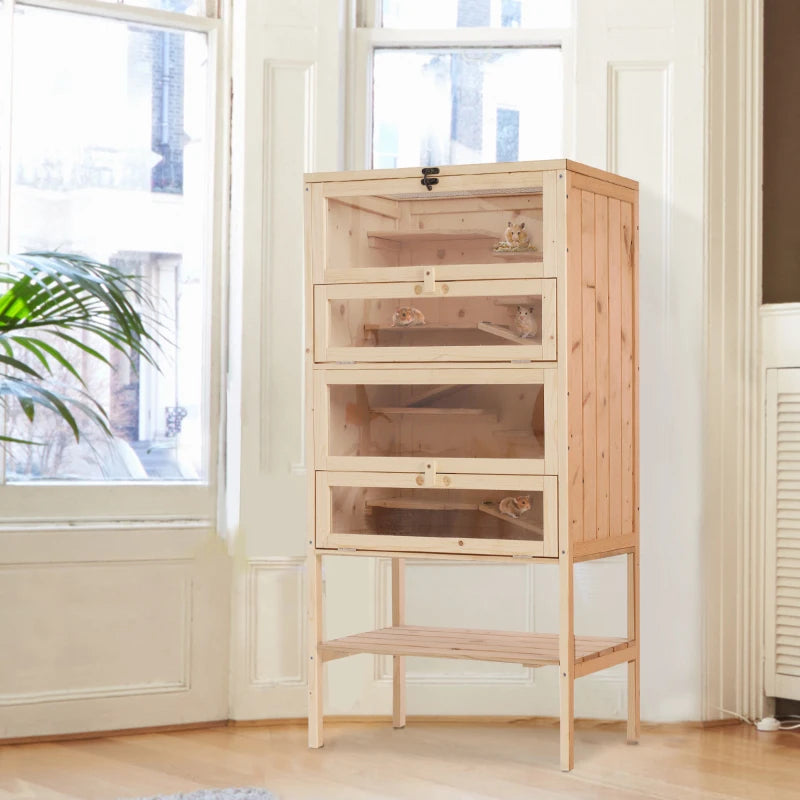 Large Wooden Hamster Cage with 4 Layers, Tall Bottom & Storage Shelf - Ideal Gerbil Habitat for Active Pets