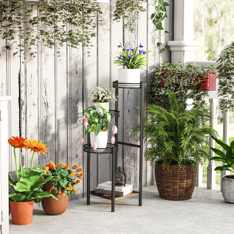 Four-Tier Black Steel Plant Stand - 4-Tier Indoor/Outdoor Flower Shelf