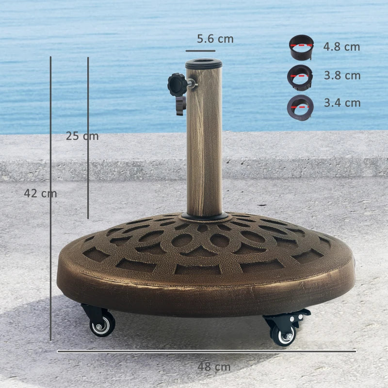 21kg Heavy Duty Round Garden Parasol Base with Wheels - Bronze Umbrella Stand for 34mm, 38mm, 48mm Poles - Ideal for Deck and Poolside