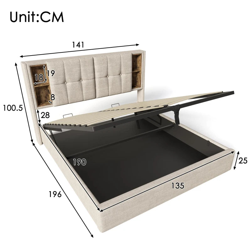 Upholstered Double Bed with Wireless Charging and Hydraulic Storage in Natural Linen Fabric