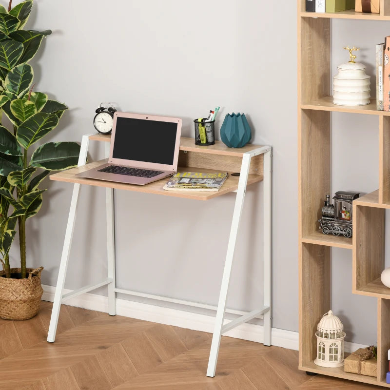 Modern White and Oak Writing Desk - 84L x 45W cm Home Office Computer Table with Storage Shelf for PC & Laptop