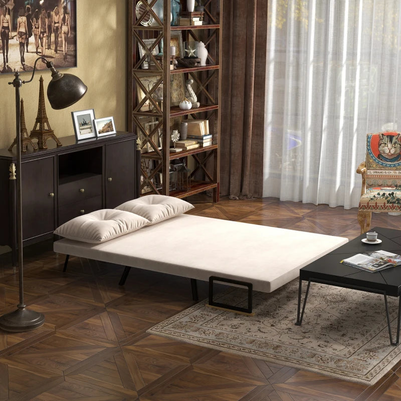 Velvet-Feel Double Sofa Bed with Pillows in Beige – Versatile 4-in-1 Design for Comfort and Style