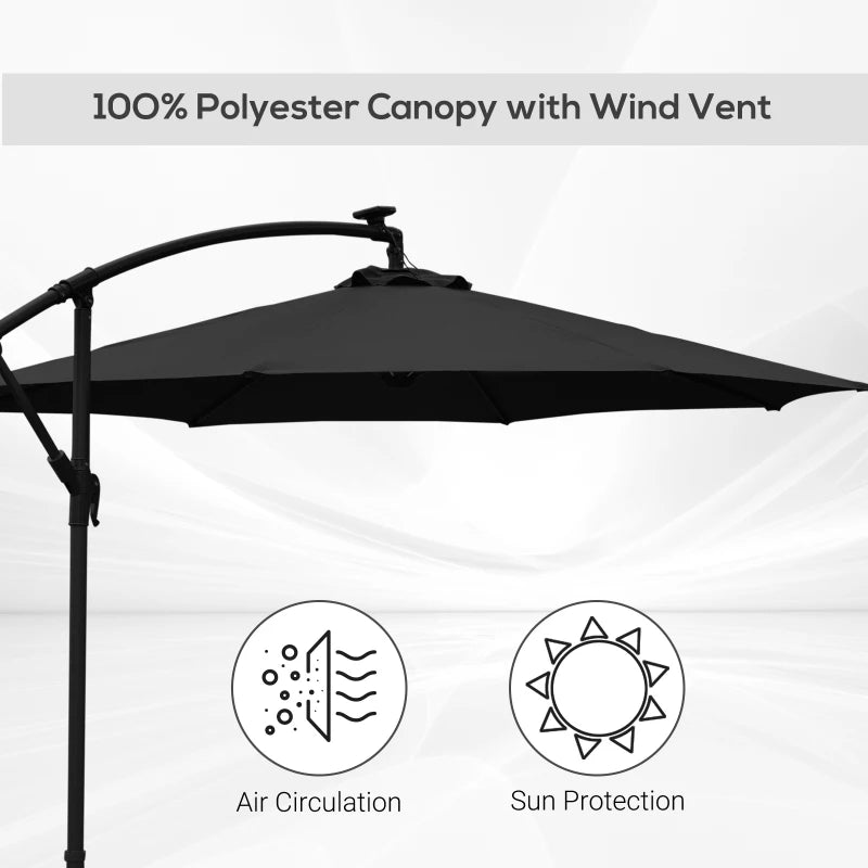 Black 3m LED Cantilever Patio Umbrella with Crank Cross Base