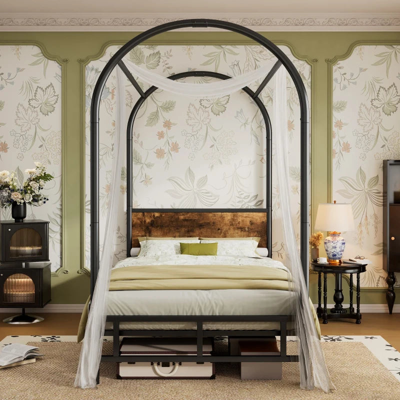 Durable Metal Canopy Bed Frame with Wood Headboard - Easy Self-Installation, Black, 195L x 90.5W x 192H cm