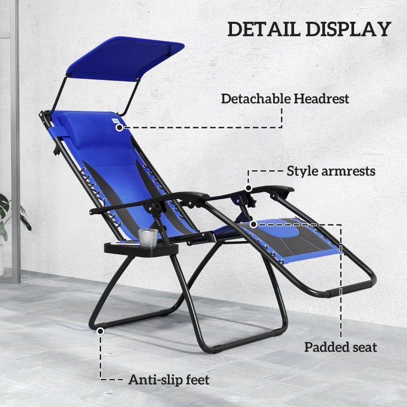 Zero Gravity Lounger Chair - Folding Reclining Patio Chair with Shade Cover, Padded Seat, Cup Holder, Soft Cushion and Headrest - Blue, Large Size