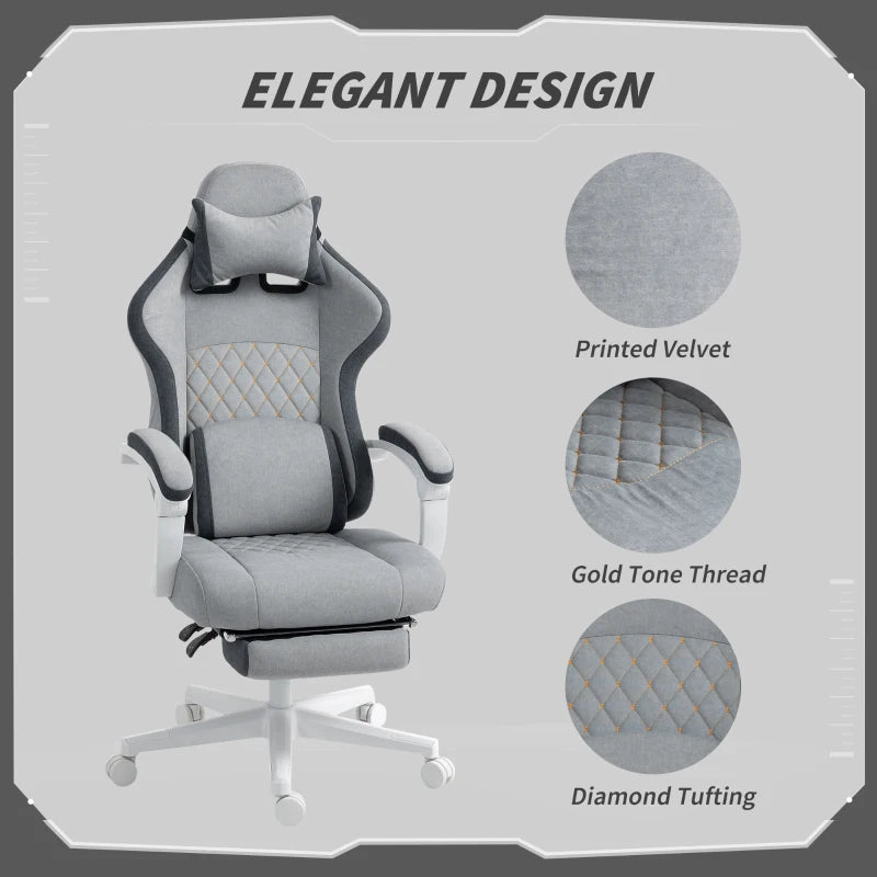 Ergonomic High Back Gaming Chair with Footrest - Velvet Recliner, Lumbar Support, Adjustable Height, 360° Swivel - Grey