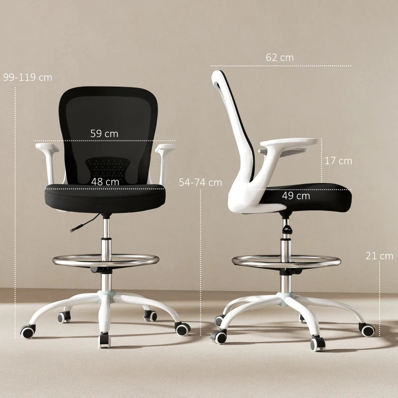 Ergonomic Draughtsman Chair - Mesh Drafting Chair with Flip-Up Armrests & Adjustable Foot Ring - Black & White Office Seating