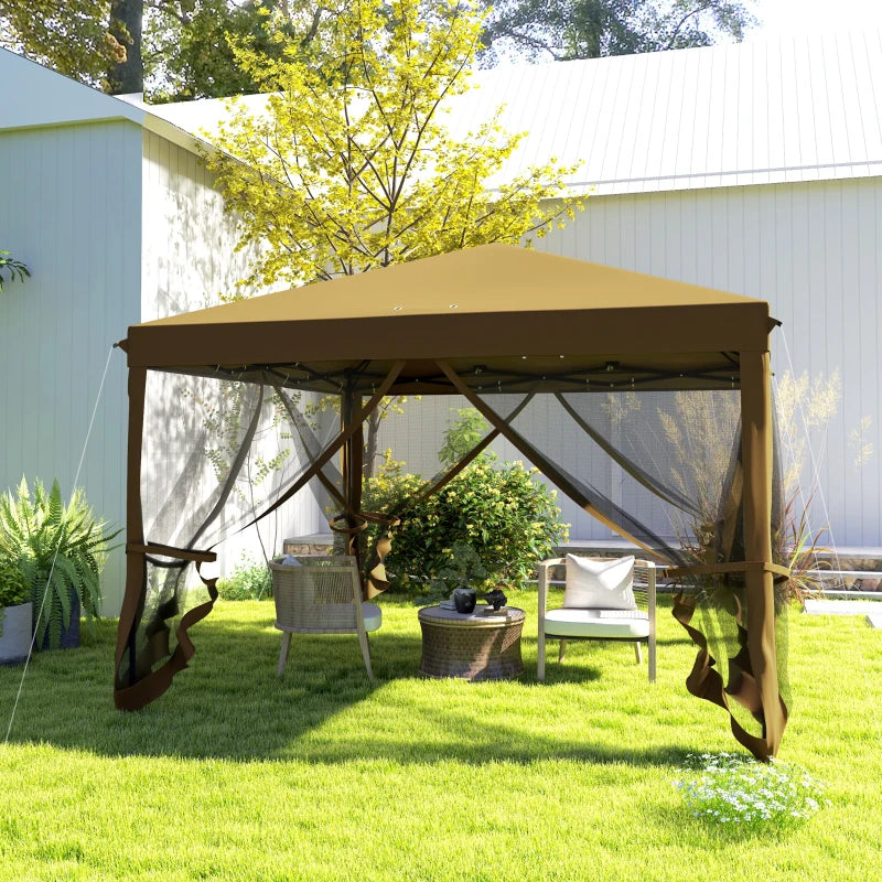 3m x 3m Khaki Pop Up Gazebo - 420D Garden Tent Canopy with Removable Mesh Sidewall Netting & Carry Bag for Outdoor Patio