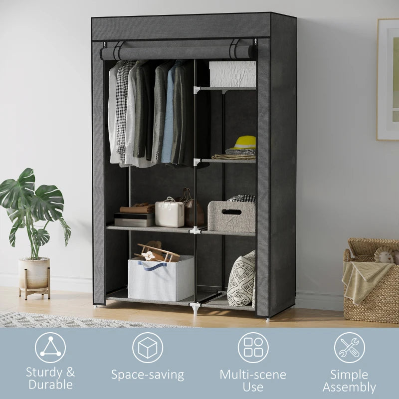 Dark Grey Six Shelf Fabric Wardrobe with Rail for Stylish Storage Solutions