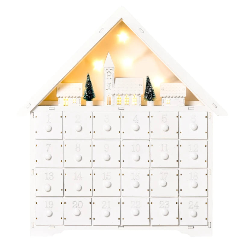 24-Drawer Light-Up Wooden Christmas Advent Calendar - Traditional Holiday Countdown Decoration for Kids & Adults - White House Design