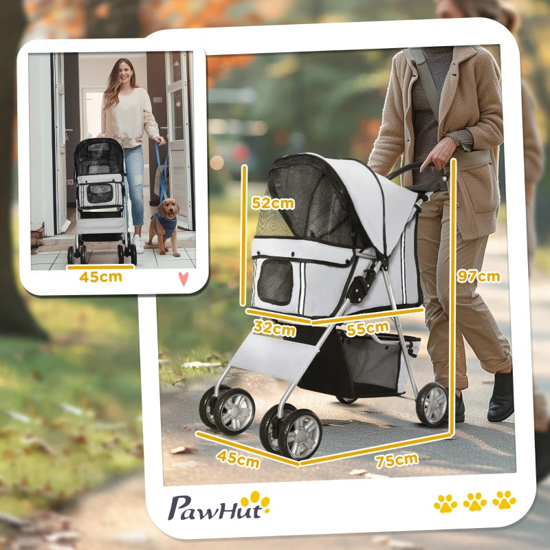 Foldable Pet Stroller for Small Dogs & Cats - Travel Carriage with Wheels, Zipper Entry, Cup Holder & Storage Basket - Grey
