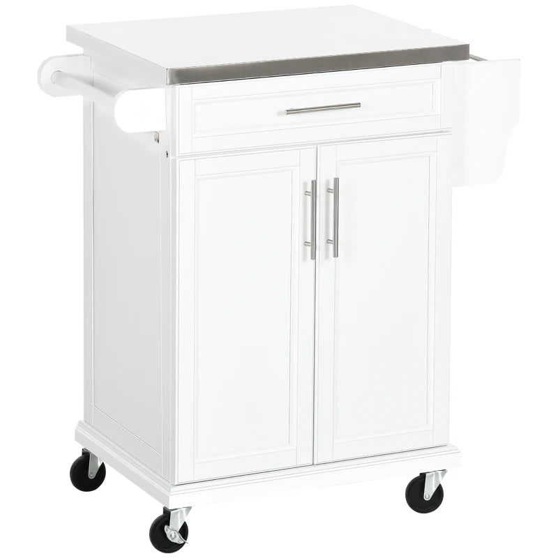 Wooden Kitchen Island on Wheels - Mobile Serving Cart with Stainless Steel Top, Drawer, Side Handle & Rack in White