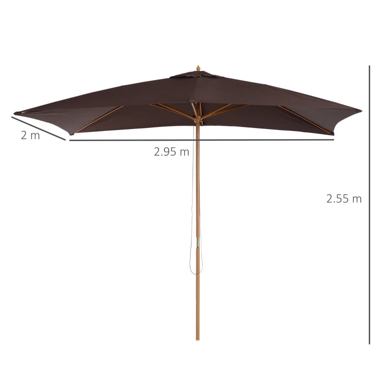 Dark Coffee Wooden Garden Parasol Umbrella - 2 x 3m Outdoor Sun Shade