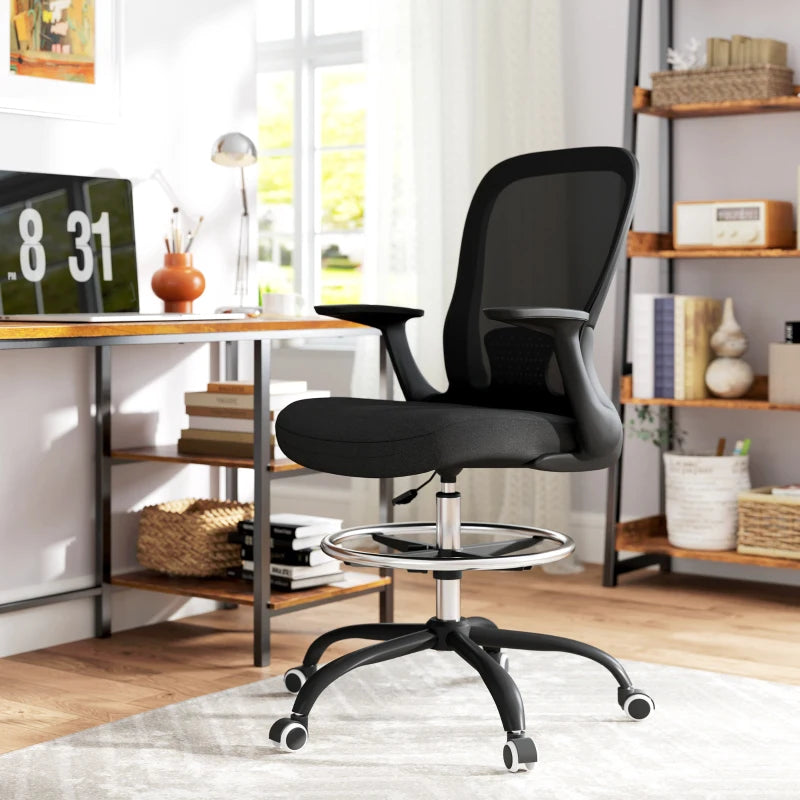 Ergonomic Draughtsman Chair - Mesh Drafting Office Chair with Flip-Up Armrests & Adjustable Foot Ring - Black