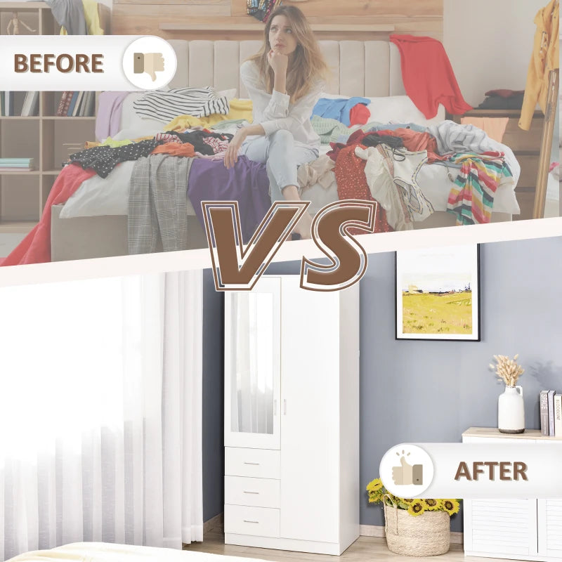 Modern 2 Door Mirrored Wardrobe with 3 Drawers and Adjustable Shelves for Bedroom