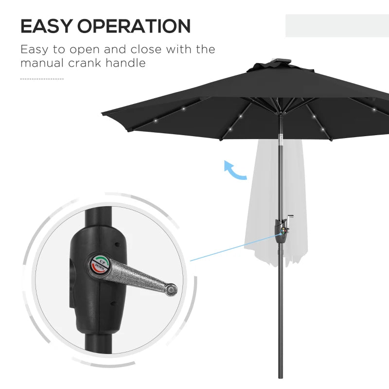 Black Solar LED Garden Parasol with Tilt Function - 2.7m