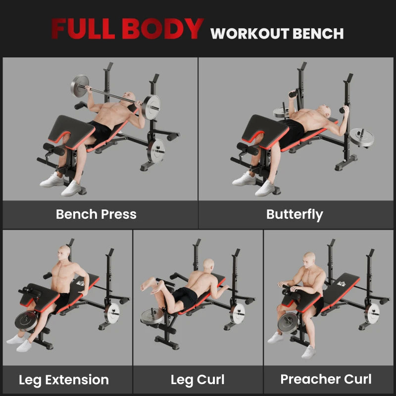 Adjustable Multi-Function Weight Bench with Leg Extension and Barbell Rack for Home Gym Strength Training Red