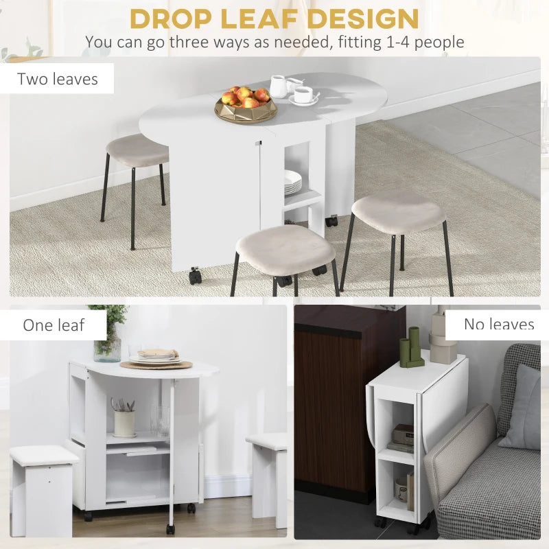 Versatile Four-Person Drop Leaf Dining Table on Wheels - Stylish White Finish for Space-Saving Dining Solutions
